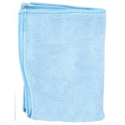 En blå Prime Source microfiberklud, foldet til 32 x 32 cm, fremviser dens bløde tekstur og syede kanter.