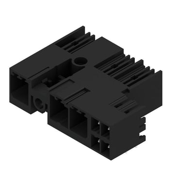 Sort Weidmüller-hybridstik til printplade med tre poler, 7,62 mm afstand og 90° udgangsvinkel, set skråt ovenfra.