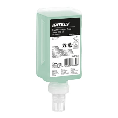 Katrin cremesæbe 86603 i grøn 500 ml dispenserflaske med doseringsmekanisme til berøringsfri brug.