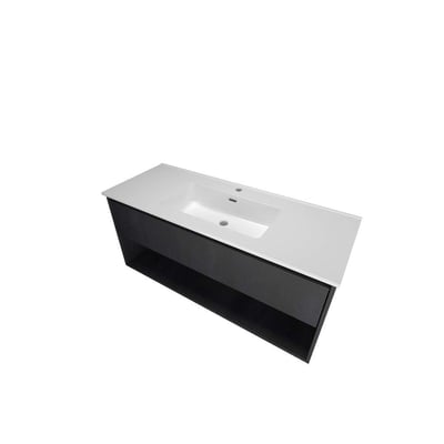 Sanibell Proline møbelsæt i sort eg, 121x46 cm, med integreret greb, 1 softclose skuffe og åben hylde.