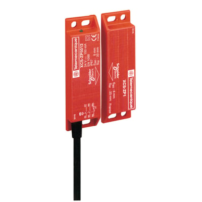 Schneider Electric kodet mini magnetaftaster med 1 NO+NC kontakt og M8 stik, vist på hvid baggrund.