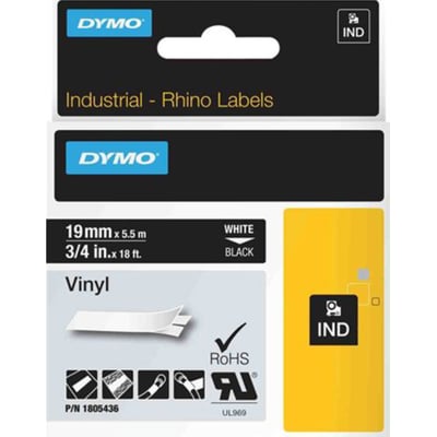 Emballagen til DYMO Rhino Pro permanent vinyltape viser 19 mm tape med hvid tekst på sort tape, 5,5 meter lang.