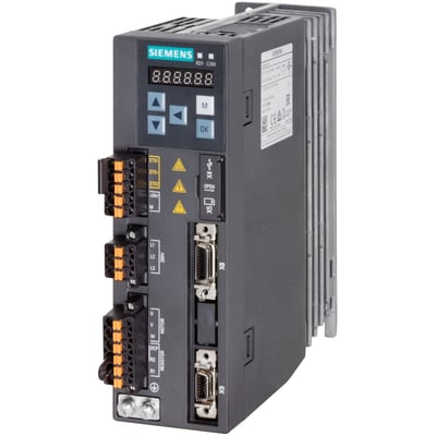 Siemens SINAMICS V90 frekvensomformer med Profinet interface og digitalt display, vist fra venstre side med tilslutningsmuligheder.