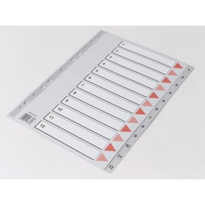 Antalis Q-Line A4 plastregister 1-12 i grå farve med kartonforblad og perforerede huller til ringbind.