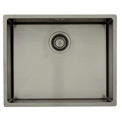 Lavabo Kubus 500 soft køkkenvask i sort krom med firkantet kumme og kurveventil, set ovenfra.