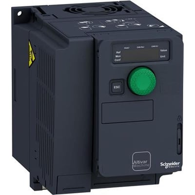 Kompakt Schneider Electric ATV320-frekvensomformer på 1,5 kW til 230 V med grønt drejehjul og display.