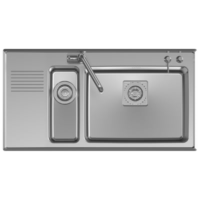 Intra Juvel Frame97SXH køkkenvask i poleret rustfrit stål, vist ovenfra med stor højre kumme, afløbsbakke og hane monteret.