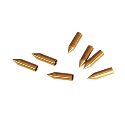 Syv messingfarvede blæsespidser fra Hexatronic, designet til 1-4 fiber mikrorør, vist isoleret på hvid baggrund.