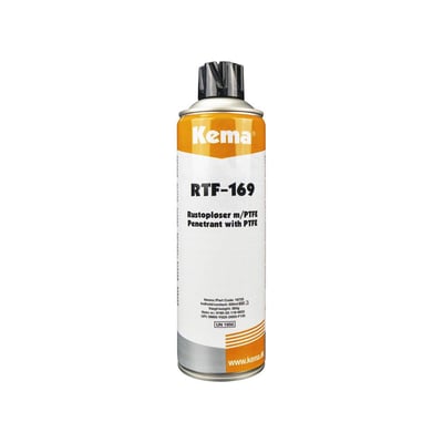 Bagside af Kema RTF-169 rustopløser spraydåse, 500 ml, med detaljeret produktinformation og varenummer på hvid baggrund.