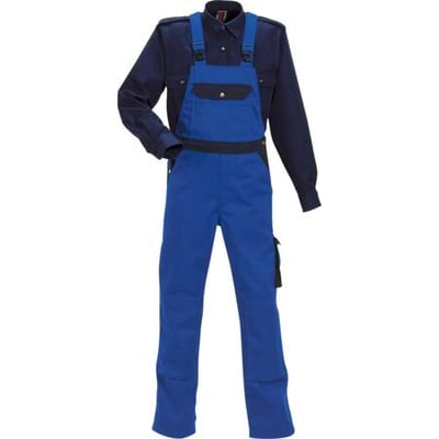 Mascot tofarvet arbejdsoverall i koboltblå og marineblå med justerbare seler og talje, der sidder på en hvid baggrund.