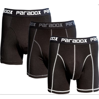 Tre sorte PDX Clothing bambus boxershorts til mænd i størrelse M, vist med hvide kontrastsømme og mærkebånd.