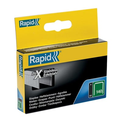Nærbillede af Rapid 140/10mm hæfteklammer i rustfrit stål, med fokus på 'inoX Stainless Edelstahl' mærkningen og 2000 stk. indikation.