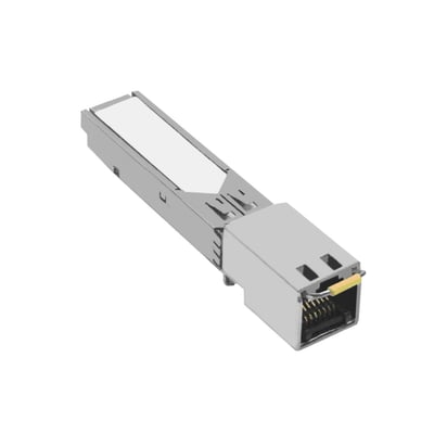 Schneider Electric M580 Hotstandby RJ45 konnektor i sølvfarvet metal med et hvidt mærkat.