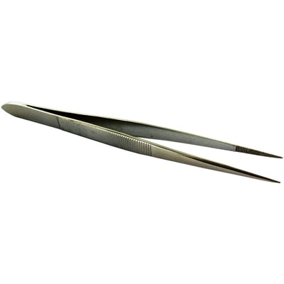 Helmuth A. Jensen kirurgisk pincet i rustfrit stål, 90 mm lang, med en afrundet spids og savtakkede kæber.