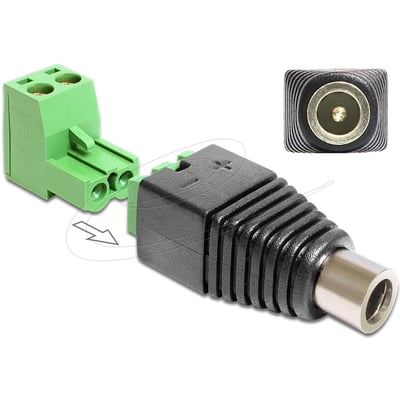 DeLock-adapter med DC-hunstik på 5,5 x 2,1 mm og grøn 2-polet terminalblok, vist skråt forfra.