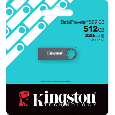 Emballagegrafik for Kingston DataTraveler SE9 G3 USB-nøgle med 512 GB, vist i mørk nikkelfarve.