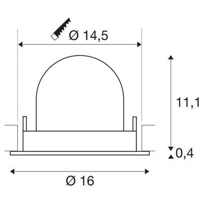 Teknisk tegning af SLV NUMINOS GIMBLE L loftindbygningsspot med dimensioner for indbygning i loftet.