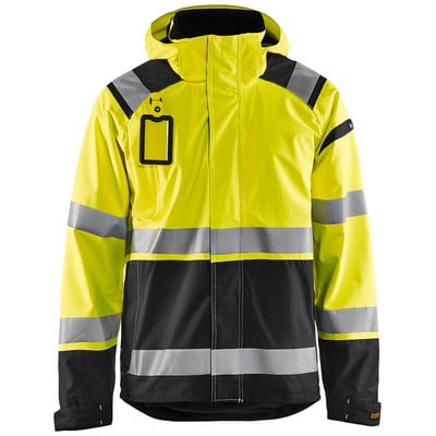 Blåkläder Workwear HIGH-VIS skaljakke i gul og sort med refleksdetaljer, udstyret med ID-kortlomme og aftagelig hætte.