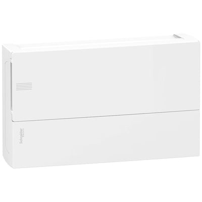 Schneider Electric MiniPragma afdækning, hvid, 1x18 moduler, med logo synligt på en af siderne.