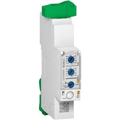 Schneider Electric Modbus interface modul, IFM, med grønne terminaler og drejekontakter til adressering. Det hvide modul er montert på en DIN-skinne.