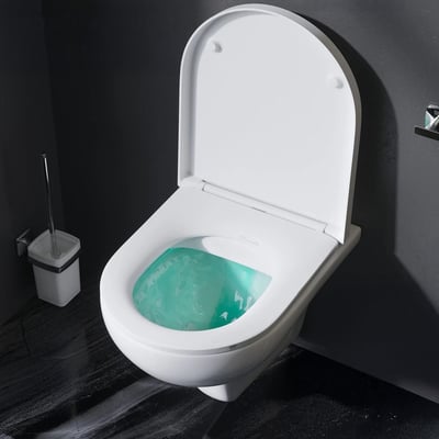 AM.PM Hit toiletsæt i hvid med åben kumme og grønt vand, uden skyllekant og toiletsæde monteret.