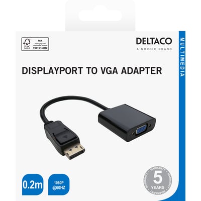 Emballage til Deltaco DisplayPort til VGA-adapter, sort og 0,2 meter, med stik og adapter vist på forsiden.