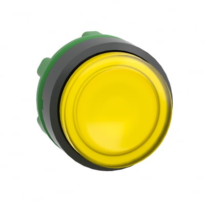 Schneider Electric Lampetrykhoved ZB5 LED i gul plast med ophøjet trykflade, vist på hvid baggrund.
