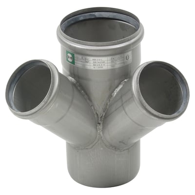 Blücher dobbelt grenrør 45° i syrefast rustfrit stål med dimensioner ø110/75mm, viser svejsninger og produktmærkning.