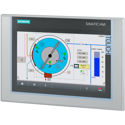 Siemens Simatic HMI TP900 Comfort Inox med 9" touchskærm, viser en procesgraf med "system volume" og "mixers".