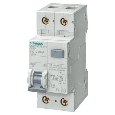 Siemens RCBO 10A, 230V, 30mA, C-karakteristik, 6kA, 1-polet + N, type AC, en enhed der kombinerer automatsikring og fejlstrømsafbryder.