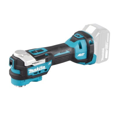 Makita 18V multicutter i turkis og sort med STARLOCK MAX og AVT mærker, viser batteri-porten.