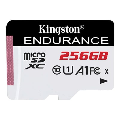 Kingston Endurance microSDXC 256GB hukommelseskort i sort og hvid med U1 A1 mærke og 95MB/s læse-/45MB/s skrivehastighed.