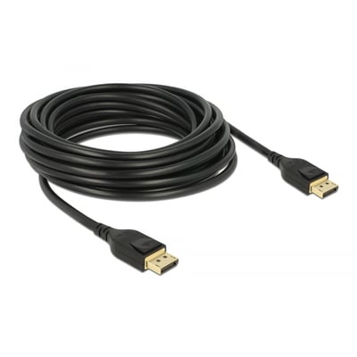 Sort 5 meter Delock DisplayPort kabel 8K DP 1.4, med gyldne stik og trykknapudløsere på hver ende.