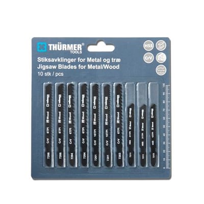 Thürmer stiksavklinger til metal, træ og plast, 10 stk. i assorteret pakke, vist på en hvid baggrund.