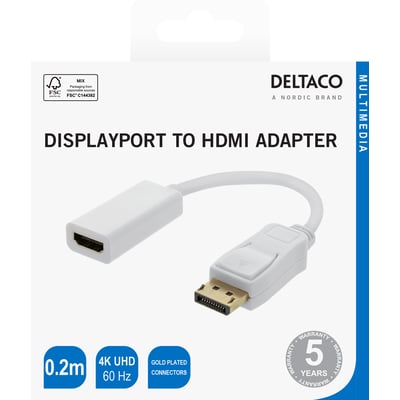Deltaco DisplayPort til HDMI-adapter i hvid med 0,2 meter kabel, vist på emballagen med begge stik.
