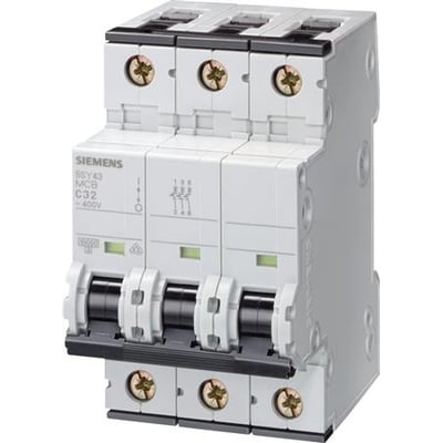 Siemens SENTRON 5SY 3-polet automatsikring med tre sorte betjeningsgreb, vist skråt forfra.
