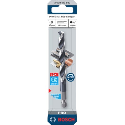 Bosch HSS-G Impact metalbor på 8 mm i emballage med spiralformet bor og sekskantet skaft.