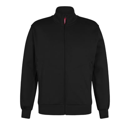 Sort Engel sweatshirt i størrelse XL med krave, lynlås og ribkanter, fremstillet af 65% polyester og 35% bomuld.