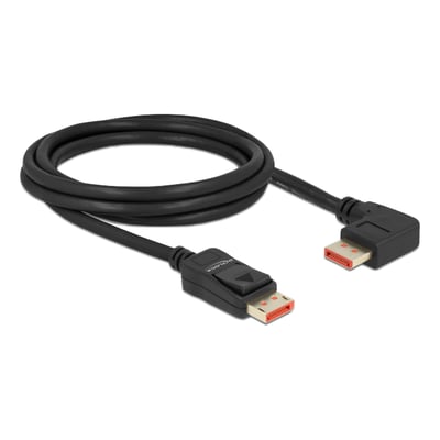 Sort Delock DisplayPort 1.4-kabel på 2 meter med to hanstik, hvor det ene er 90° vinklet.