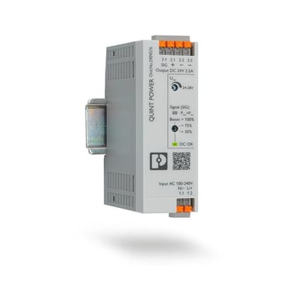 Phoenix Contact QUINT POWER strømforsyning med Push-in tilslutning til DIN-skinne, viser 1-faset indgang og 24V DC udgang.