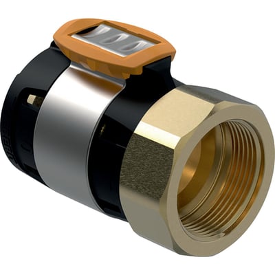 Geberit FlowFit overgang i blyfri siliciumbronze, der forbinder et 63 mm rør med et 2 1/2" gevind, med en orange klemmeanordning synlig.