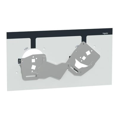 Detaljeret billede af Schneider Electric låsesystemet, der viser de to mekaniske låsekomponenter og deres sammenkobling på en hvid plade.