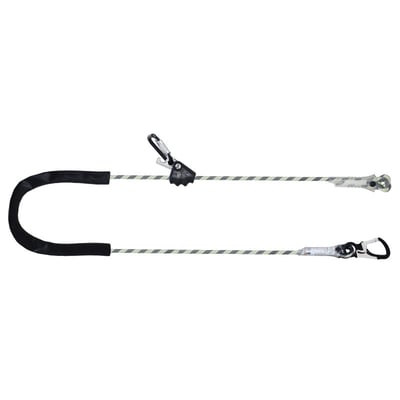 Kratos Safety SKALA justerbar positioneringsline på 2 meter med flettet reb, beskyttelseshylster og karabinhager.