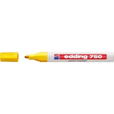 Edding 750 paint marker med gul spids og åben gul hætte ved siden af, klar til brug med 2-4mm rund spids.