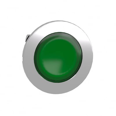 Schneider Electric Harmony XB4/ZB4 flush trykhoved i grøn med LED belysning og forkromet metalring, isoleret på hvid baggrund.