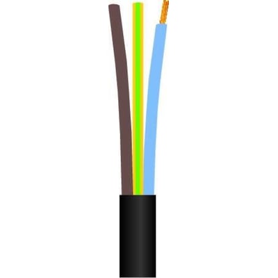 Sort H03VV-F rund PVC tilledning 3G0,75 mm² med brun, gul/grøn og blå ledere på hvid baggrund.