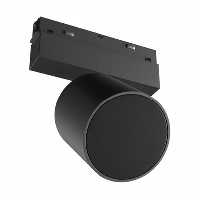 Sort SpectrumLED Bluetooth-højttaler på 10 W til Shift-system, set skråt forfra med rund højttalerfront.