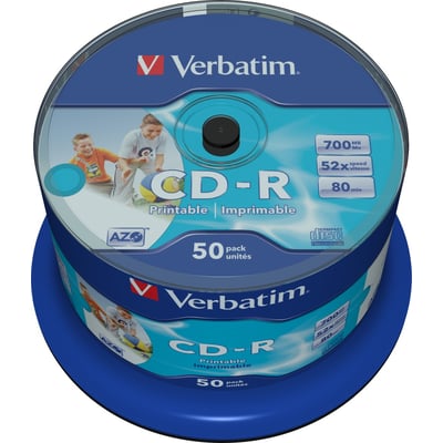Verbatim CD-R med printbar blå og turkis overflade, 700 MB og 80 minutters spilletid, vist på spindel.