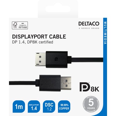 Emballagegrafik til Deltaco DisplayPort-kabel, 1 meter, sort, med DP 1.4- og DP8K-mærkning.