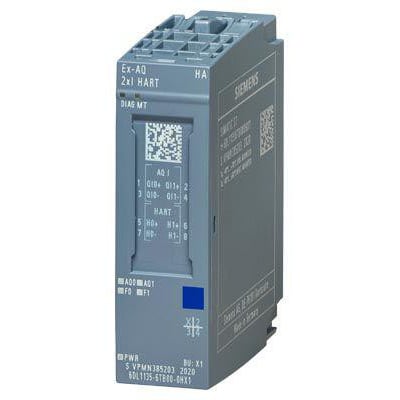 Siemens SIMATIC ET 200SP HA analog Ex-i HART output module, model Ex-AQ 2xI HART i grå plast med tydelig mærkning af funktioner.